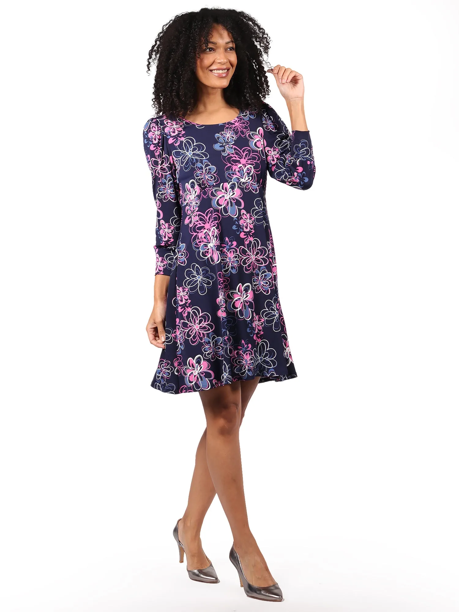 Vestido , Cuello en Redondo, Manga 3/4, Estampado