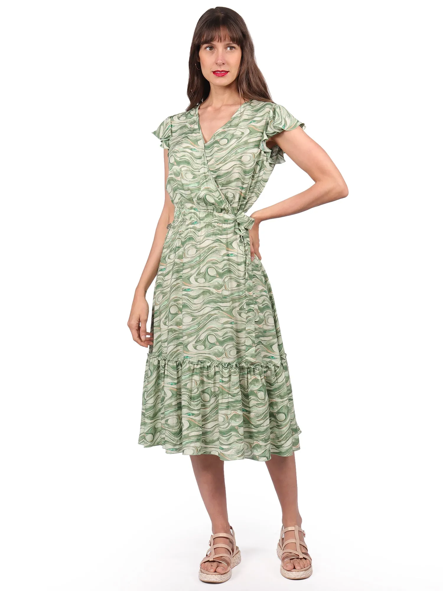 Vestido Largo, Cuello  V, Manga Olán,  Estampado