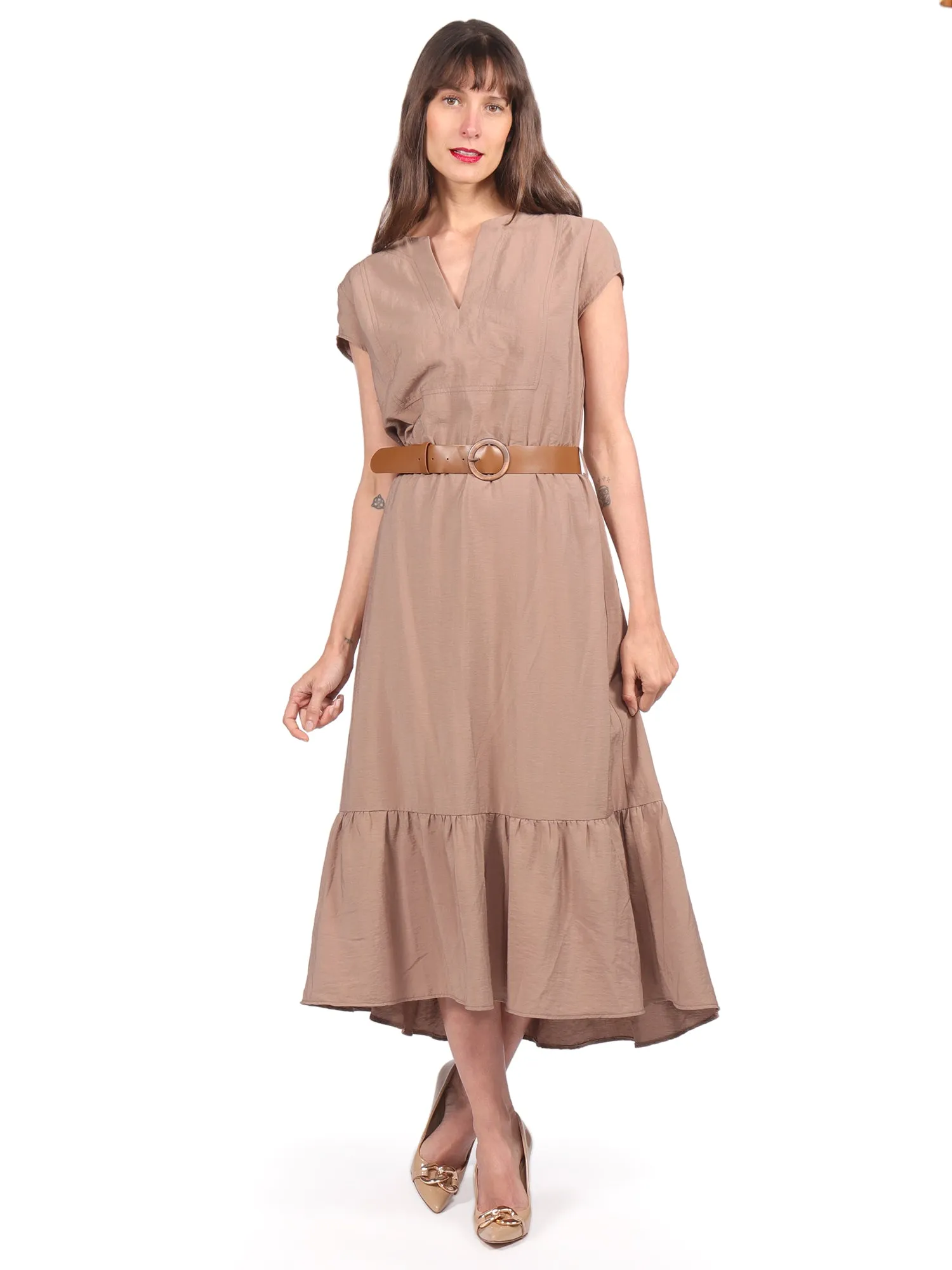 Vestido Largo, Cuello en V, Manga Corta, con Cinturon, Liso