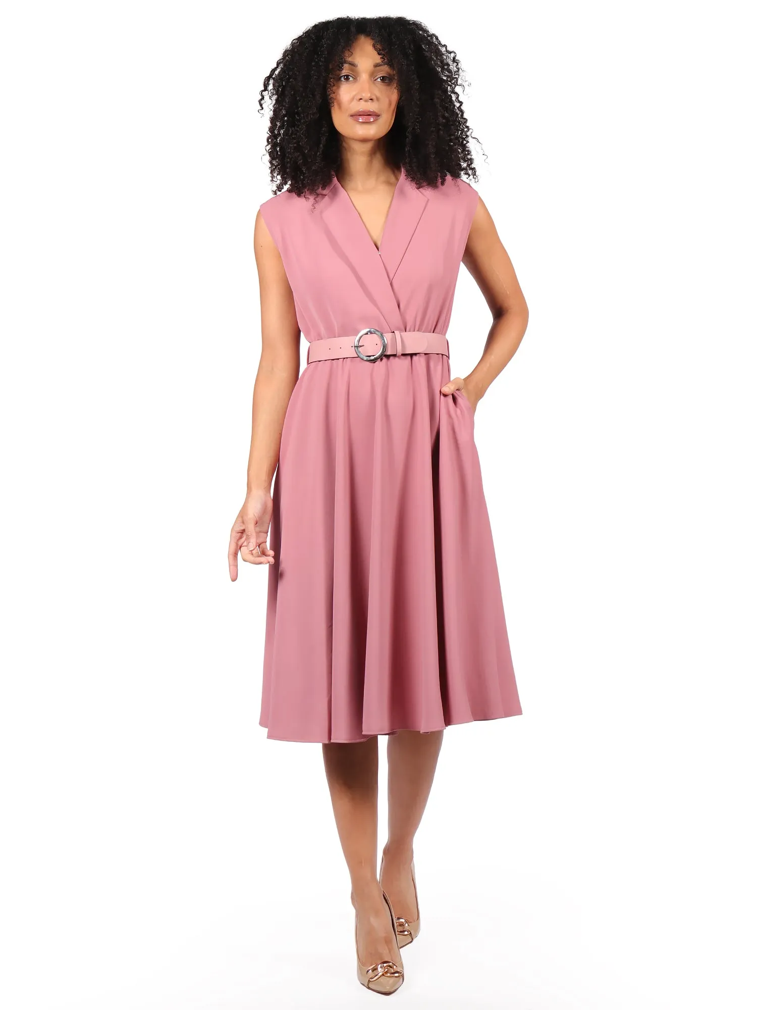 Vestido, Cuello en V, Sin Manga , Liso, Con Cinturon