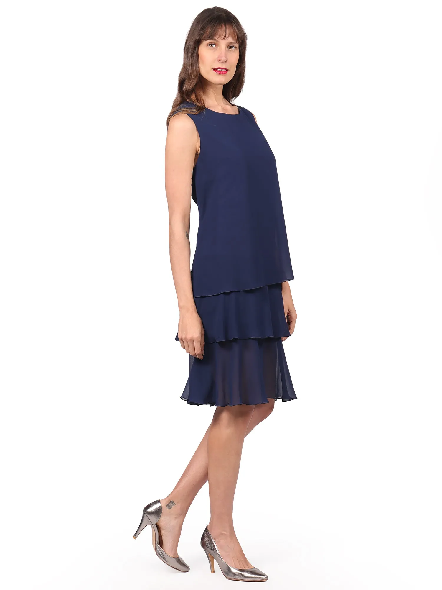Vestido Cuello Redondo, Sin Manga,Con Olán, Liso