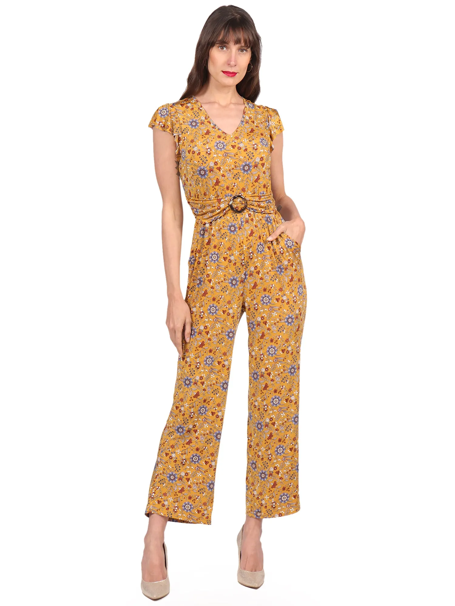 Jumpsuit, Cuello V, Aplicación en la Cintura, Manga Olán, Estampado