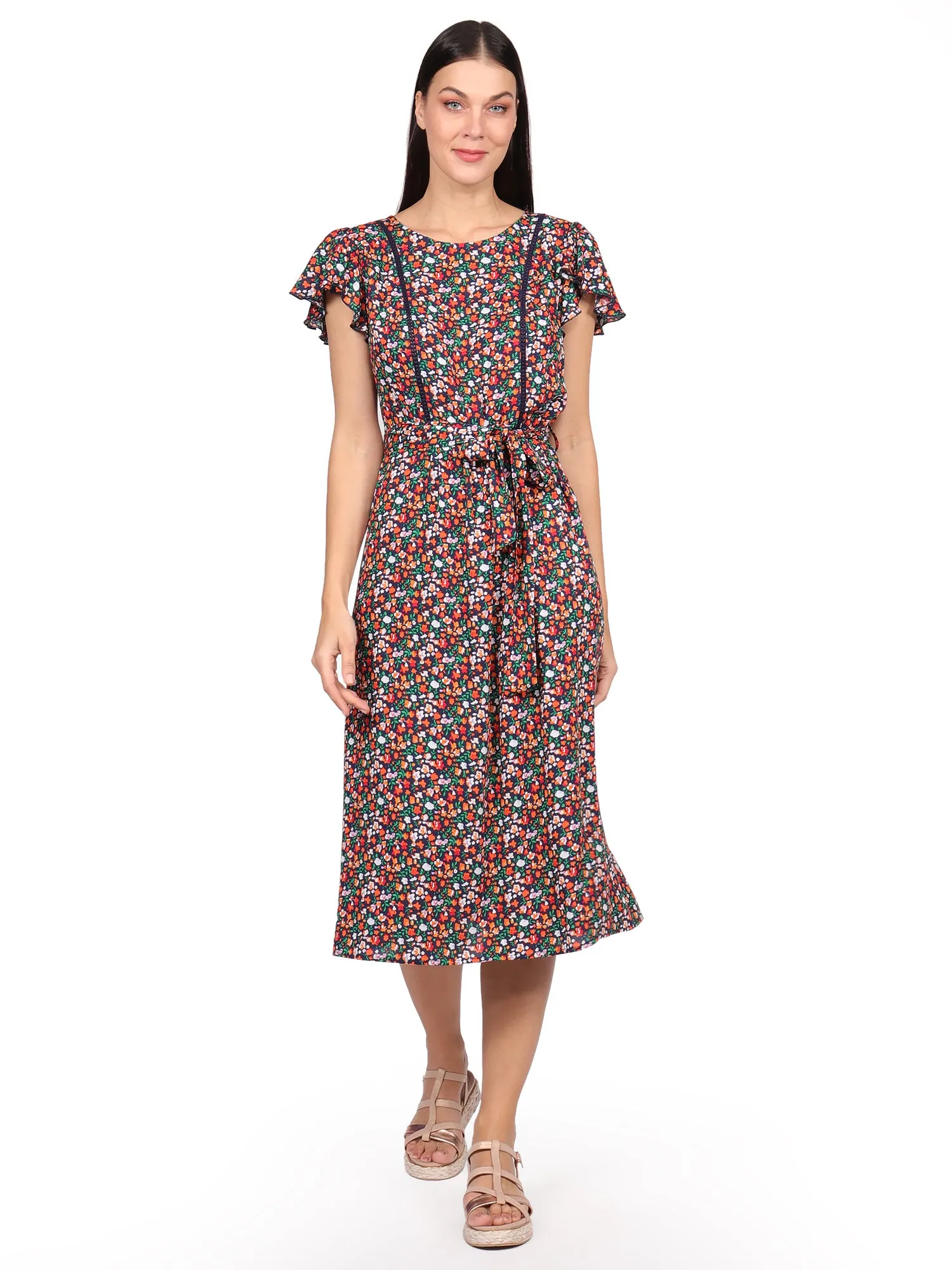 Vestido, Cuello  Redondo, Manga Olán, con Amarre,  Estampado