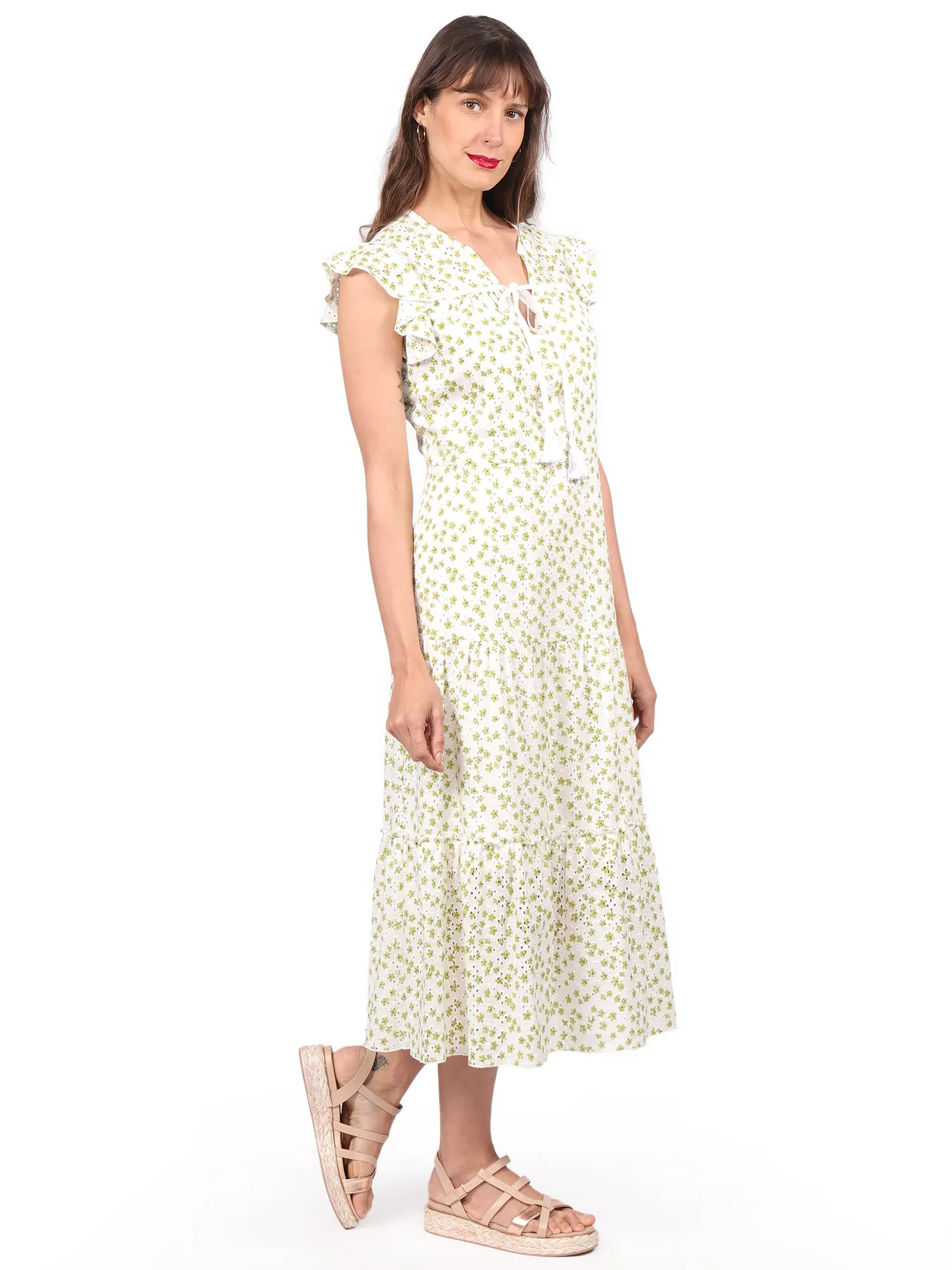 Vestido Largo, Cuello en V, Manga Olán, con Amarre, Estampado Algodón