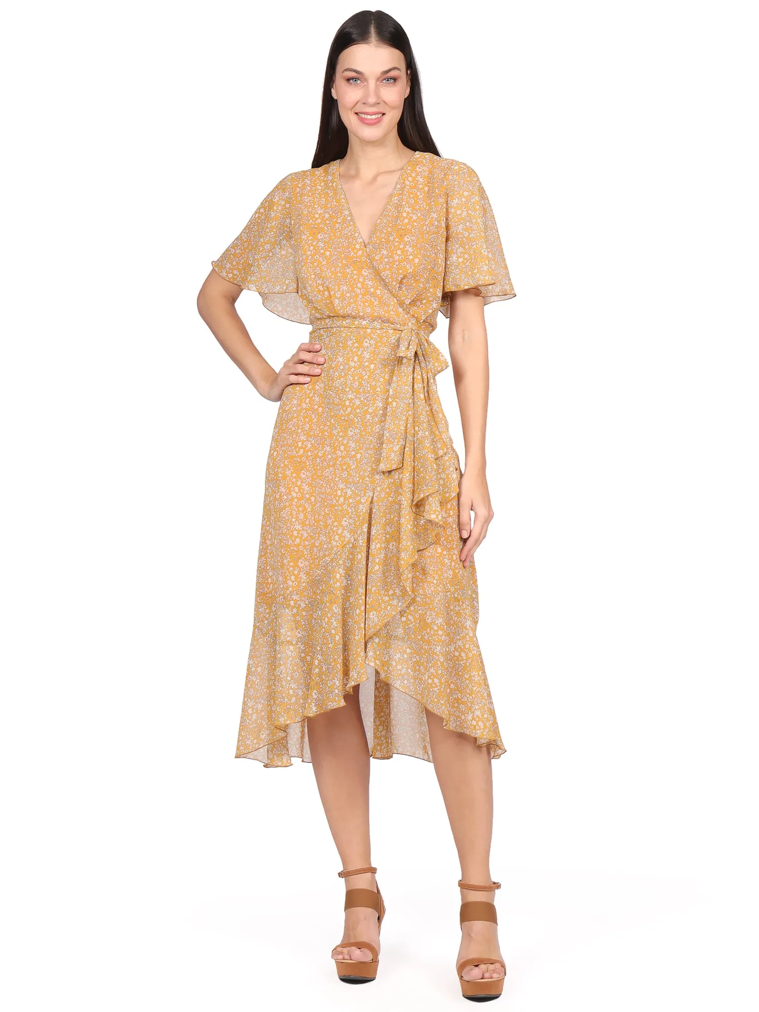 Vestido Cruzado, Cuello en V, Manga Olán, Estampado