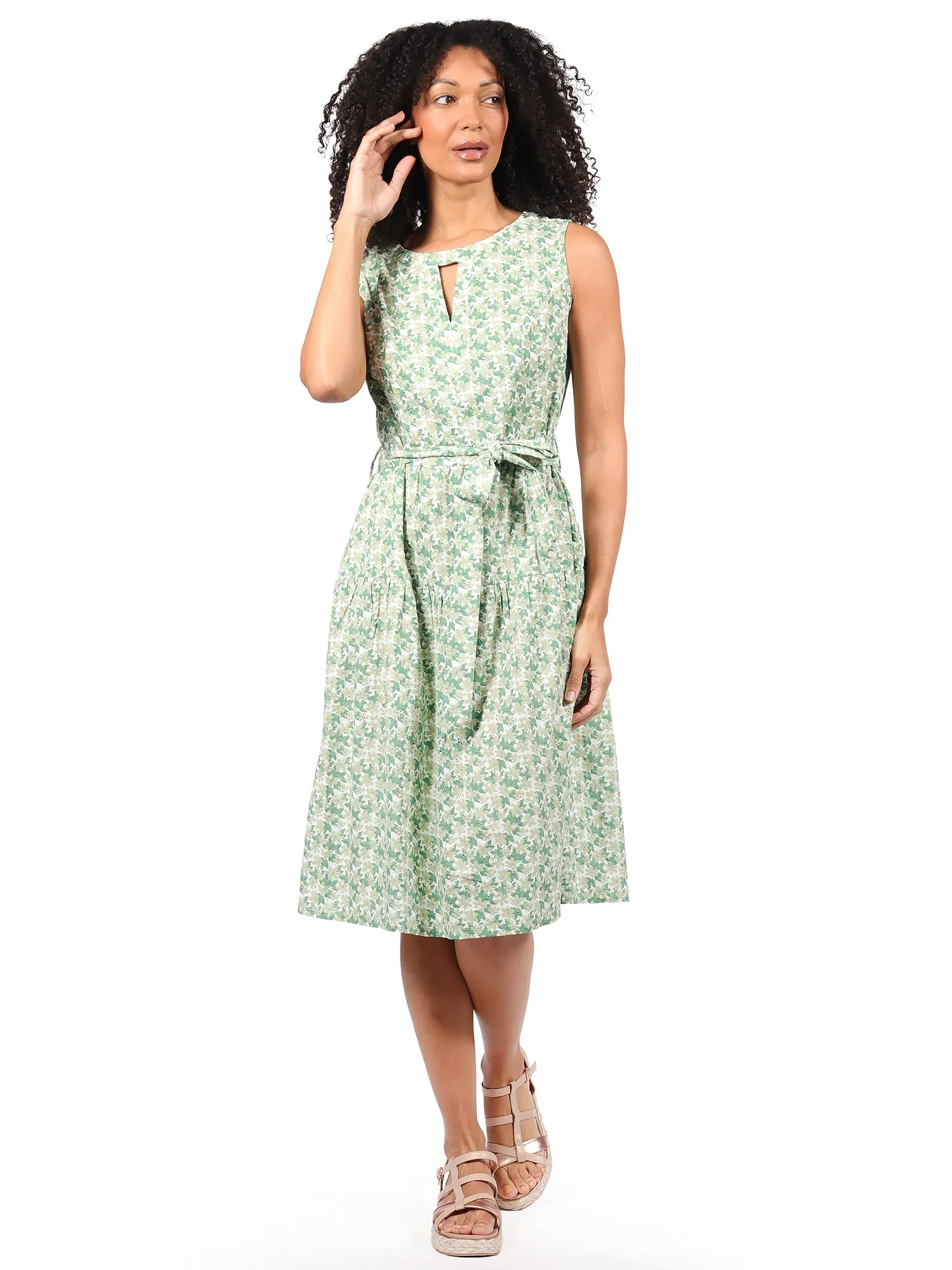 Vestido Cuello Redondo,Sin  Manga, Amarre en la Cintura, Estampado Algodón
