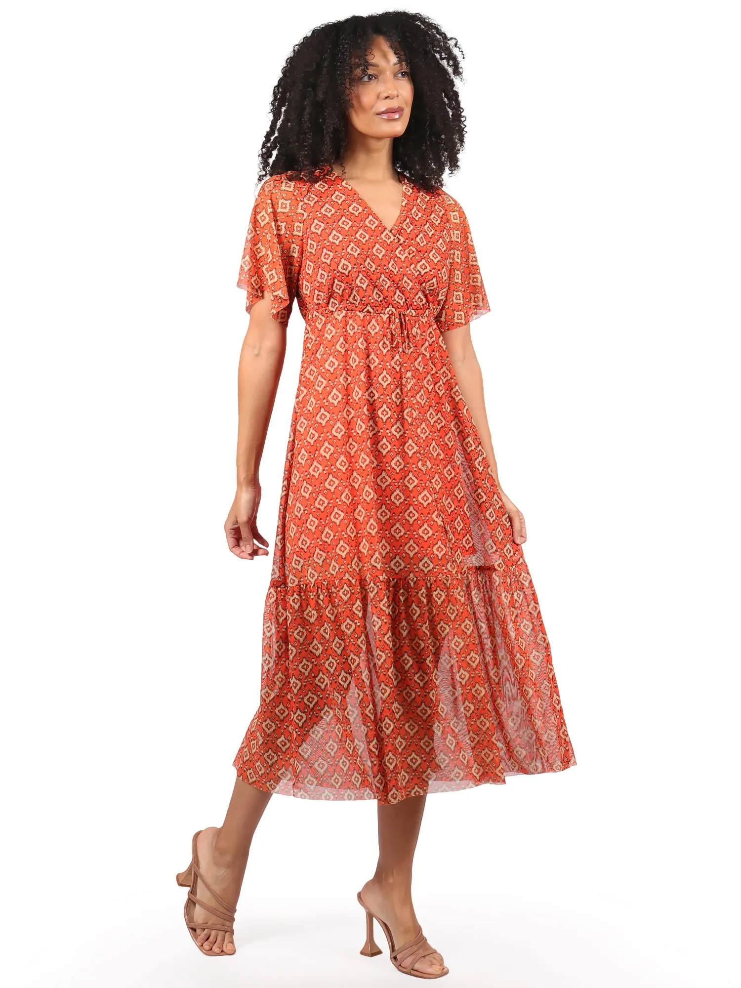 Vestido Largo, Cuello en V, Manga Corta, Estampado