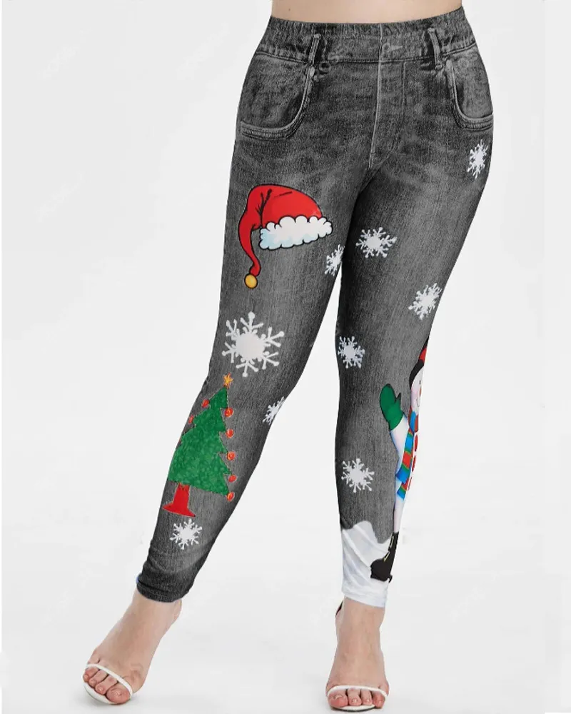 Christmas Print Denim Slim-Fit Hip Lift Yoga Pants