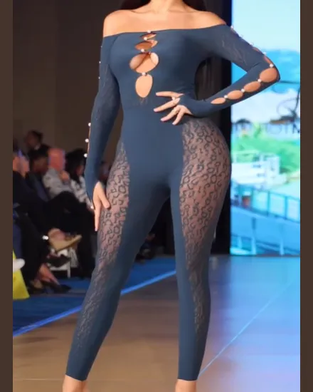 Pearl Off Shoulder Cut Out Long Sleeve Seamless Jumpsuit