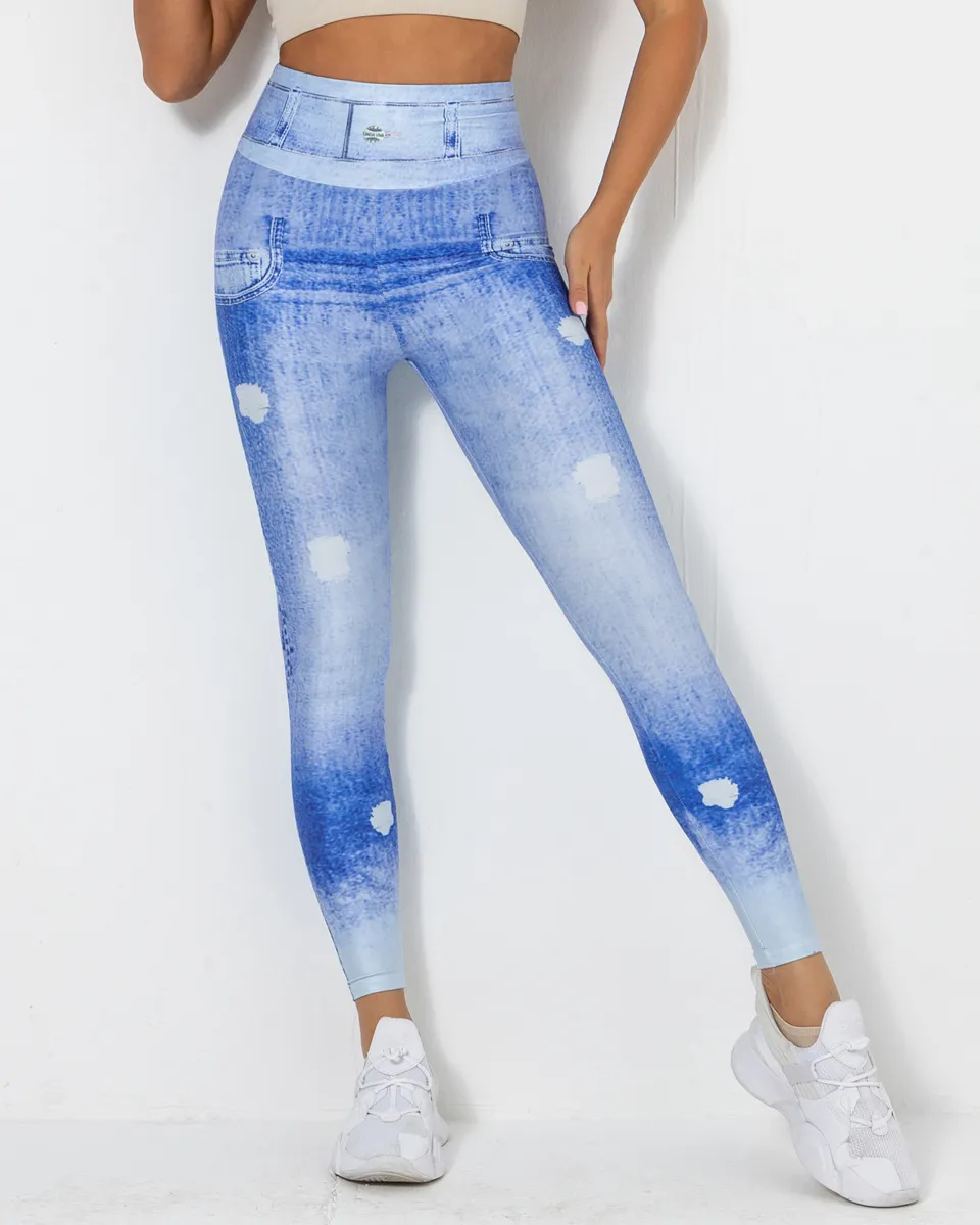 Imitation Denim Printing Leggings Slim High Waist Hip Lifting Running Fitness Trousers