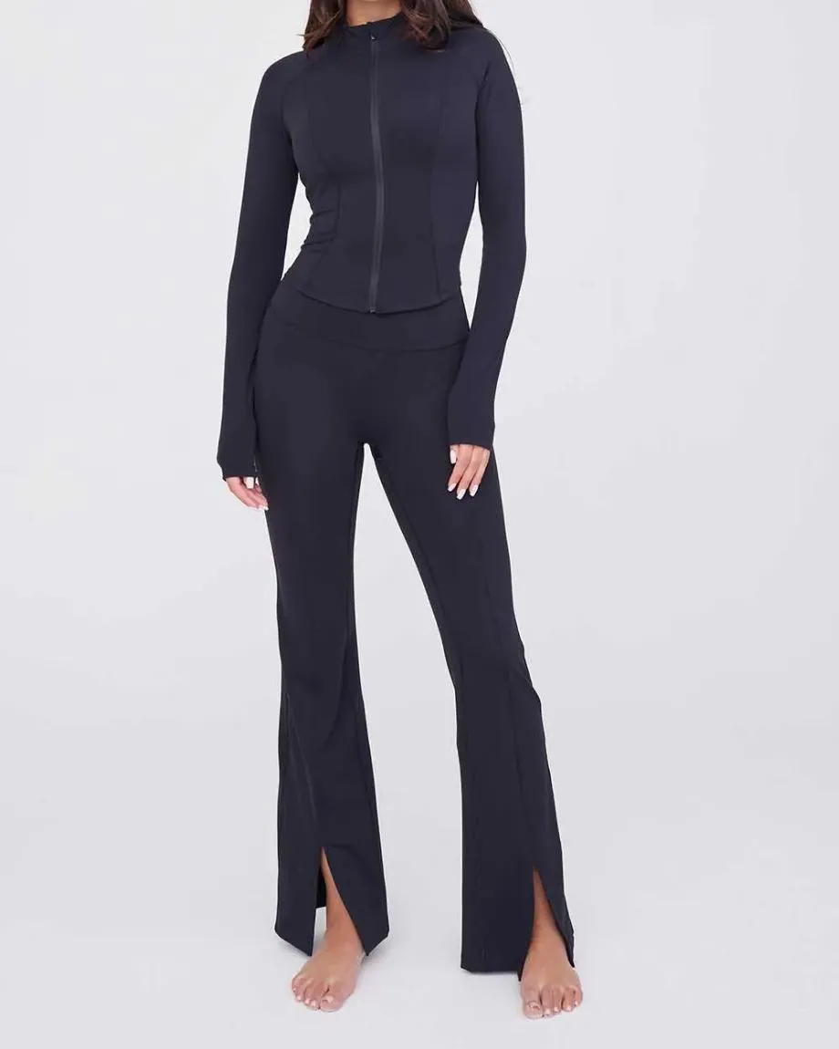 High Waisted Split Hem Flared Yoga Pant - Shadow Black
