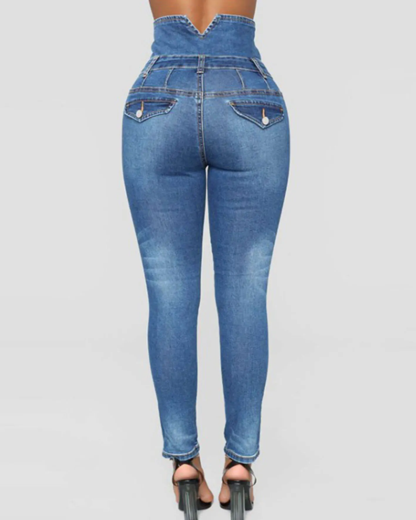 High-Waisted Four-Breasted Stretch Slim-Fit Denim Pants