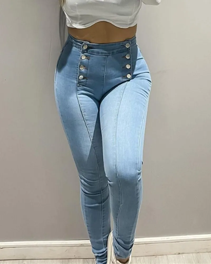 Double-Breasted Skinny Blue Jeans (Pre-Sale)
