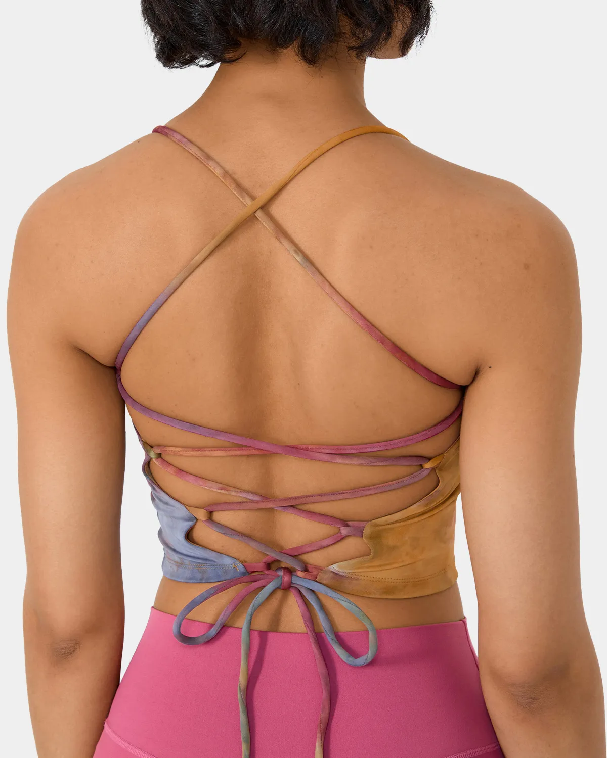 Spaghetti Strap Tie Dye Crisscross Lace Up Cropped Tank Top