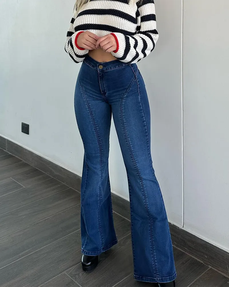 Women's Bell Bottom High Waisted Pull On Skinny Straight Fit Flare Denim Jeans
