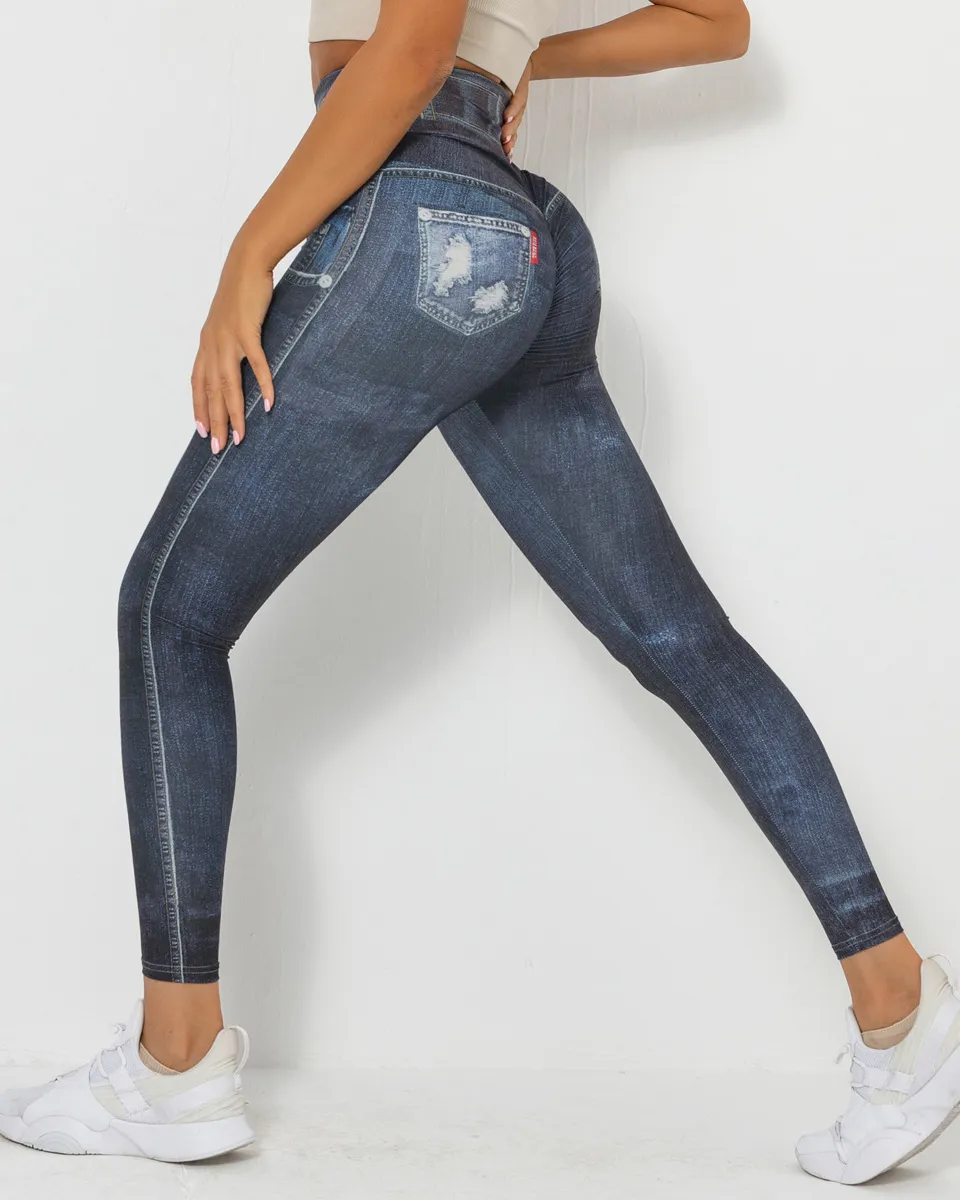 Imitation Denim Printing Leggings Slim High Waist Hip Lifting Running Fitness Trousers
