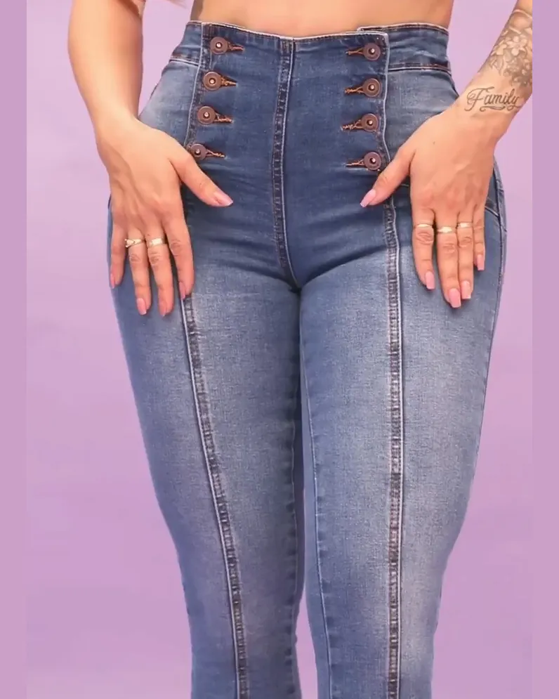 Double Buttons Stretchy Jeans