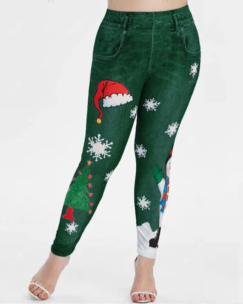 Christmas Print Denim Slim-Fit Hip Lift Yoga Pants