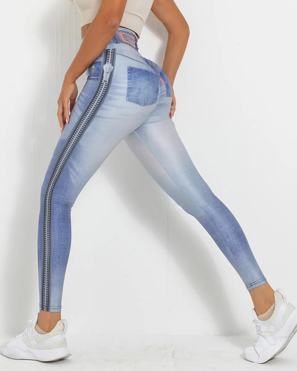 Imitation Denim Printing Leggings Slim High Waist Hip Lifting Running Fitness Trousers