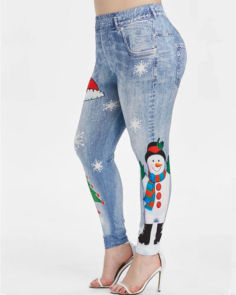 Christmas Print Denim Slim-Fit Hip Lift Yoga Pants