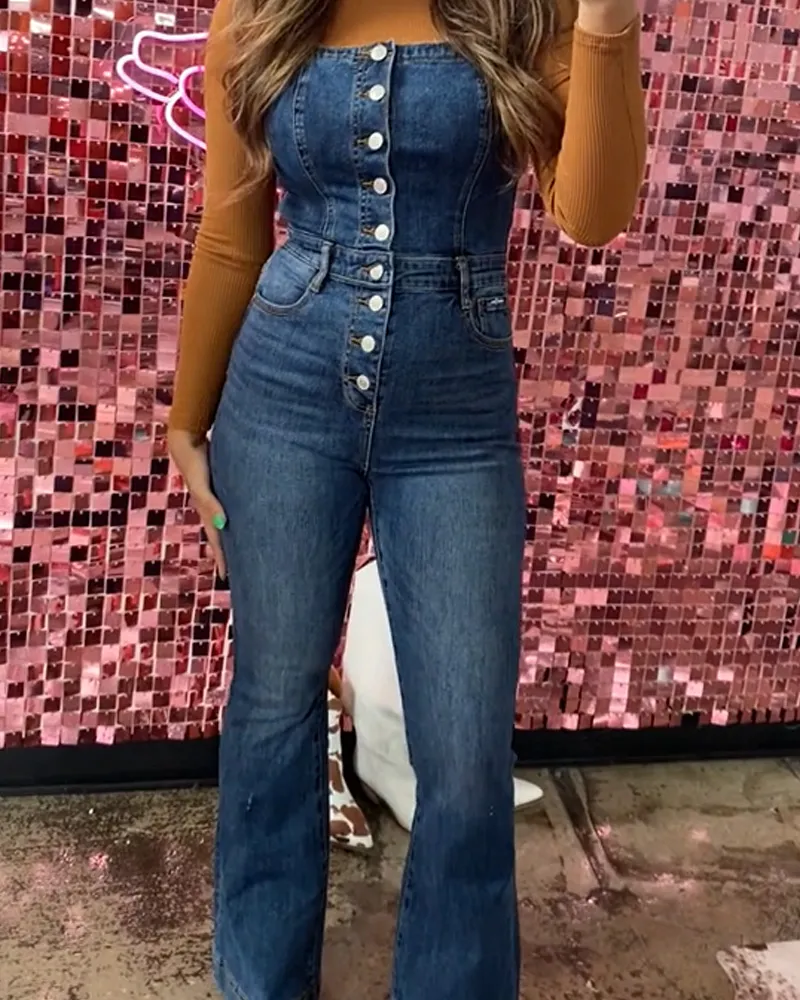 Breasted One-Piece Flared Jeans (Pre-Sale)