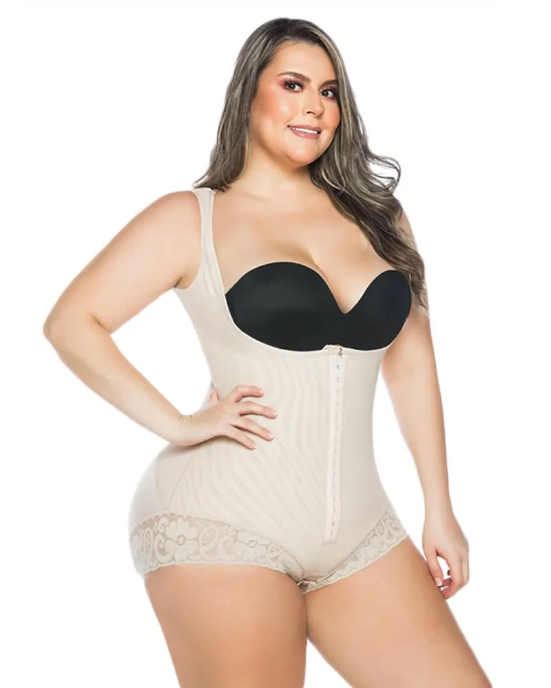 Body de encaje para mujer con mangas de sisa, moldeador de cuerpo ajustable con soporte para el pecho y control de la barriga