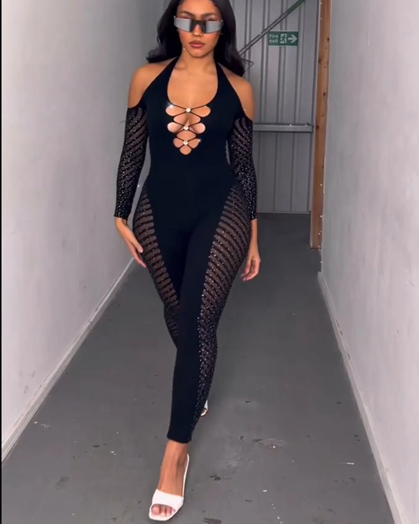 Halter Jumpsuit - Black Crystal