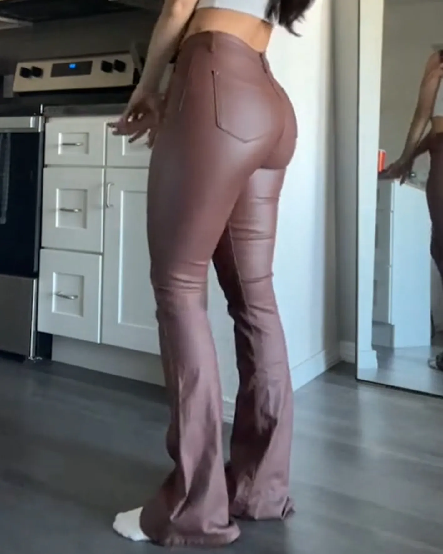 Women's Faux Leather Pants High Waisted Leather Flare Pants (Pre-Sale)