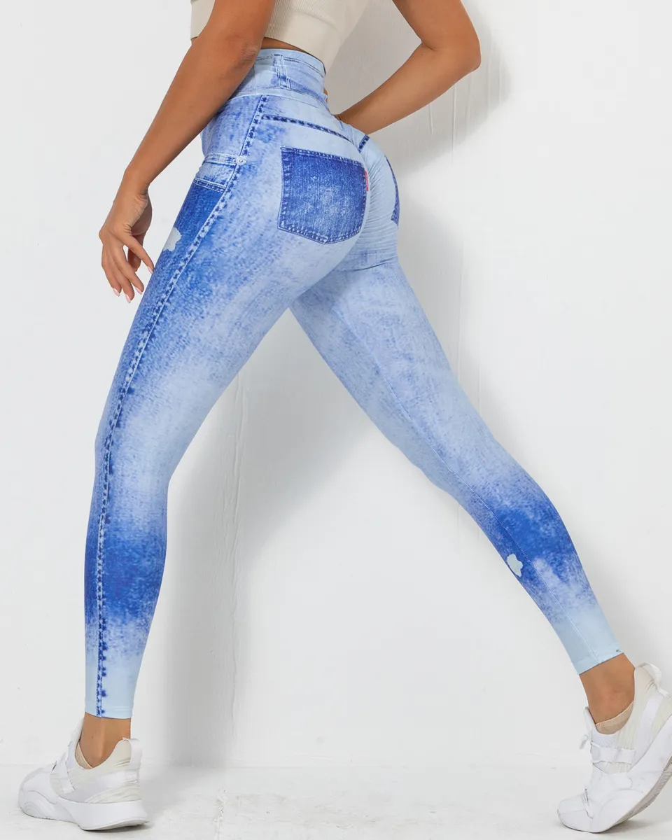 Imitation Denim Printing Leggings Slim High Waist Hip Lifting Running Fitness Trousers