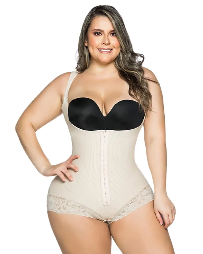 Body de encaje para mujer con mangas de sisa, moldeador de cuerpo ajustable con soporte para el pecho y control de la barriga