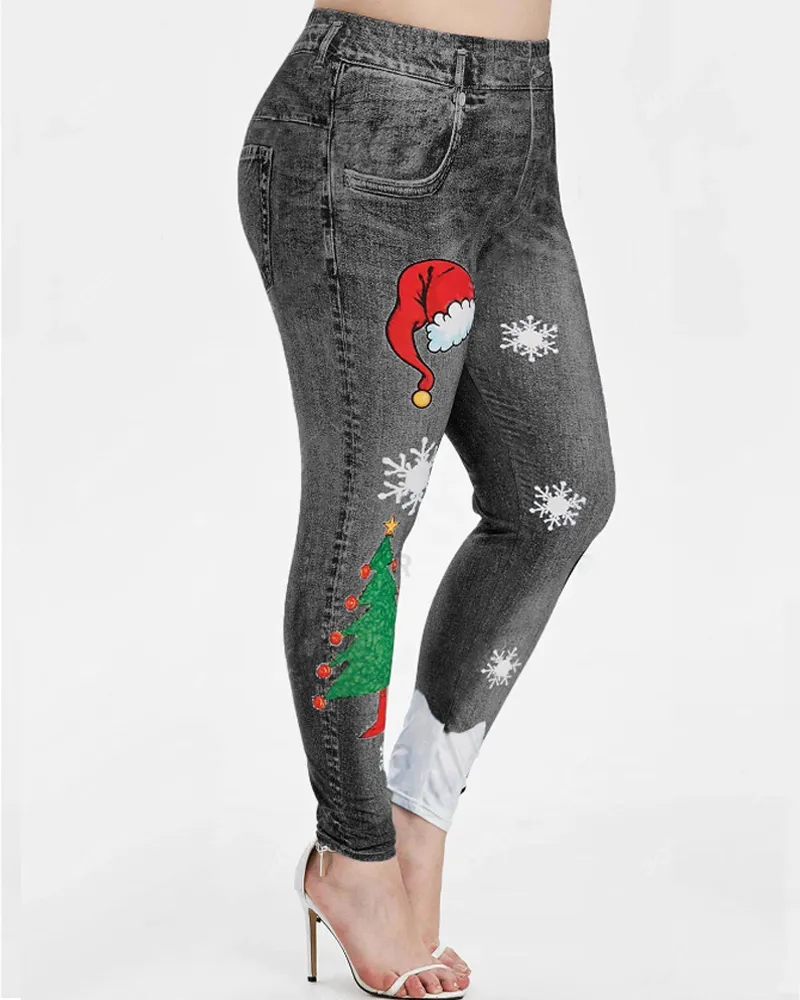 Christmas Print Denim Slim-Fit Hip Lift Yoga Pants