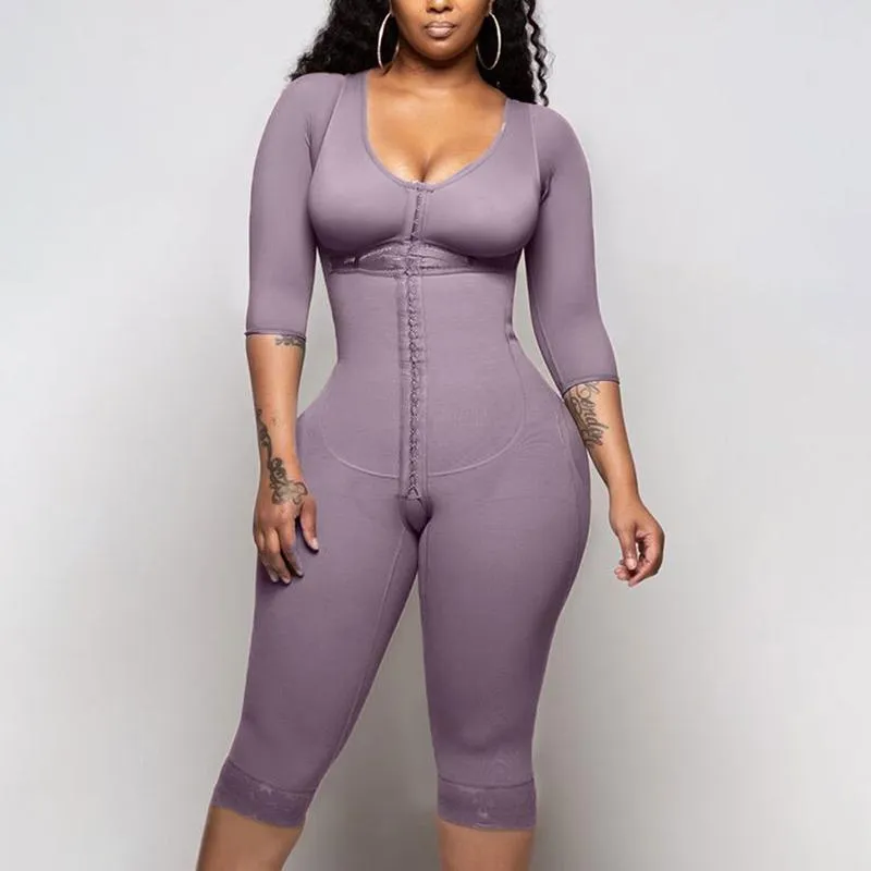 Bodyshaper para mujeres cierre de gancho y ojos manga larga control de barriga soporte de senos body fajas