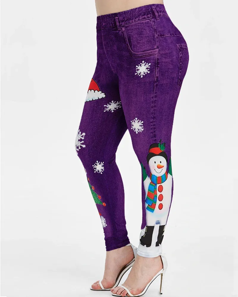 Christmas Print Denim Slim-Fit Hip Lift Yoga Pants