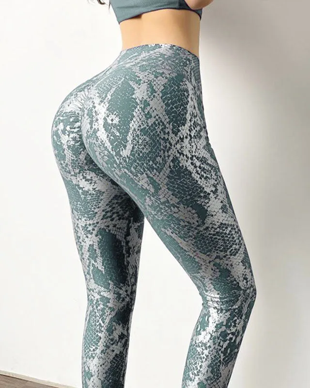 Pantalones de fitness de cadera de melocotón con patrón de piel de serpiente de cintura alta para levantamiento de glúteos