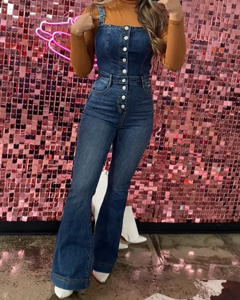 Breasted One-Piece Flared Jeans (Pre-Sale)