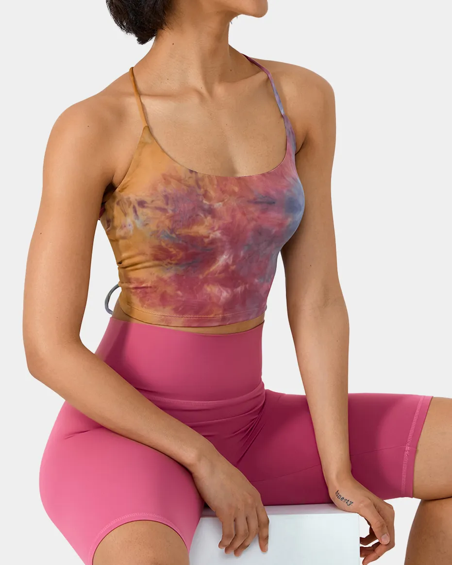 Spaghetti Strap Tie Dye Crisscross Lace Up Cropped Tank Top