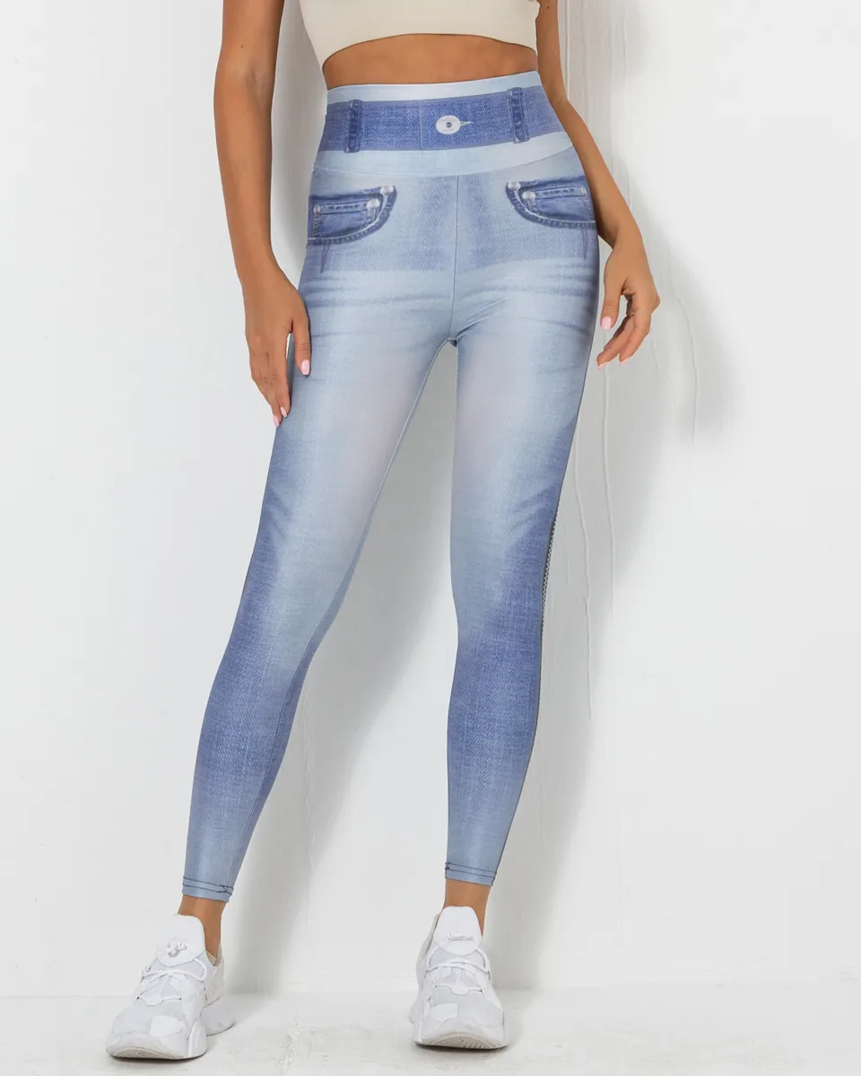 Imitation Denim Printing Leggings Slim High Waist Hip Lifting Running Fitness Trousers