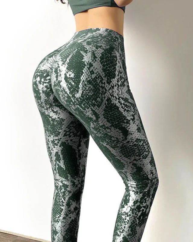Pantalones de fitness de cadera de melocotón con patrón de piel de serpiente de cintura alta para levantamiento de glúteos