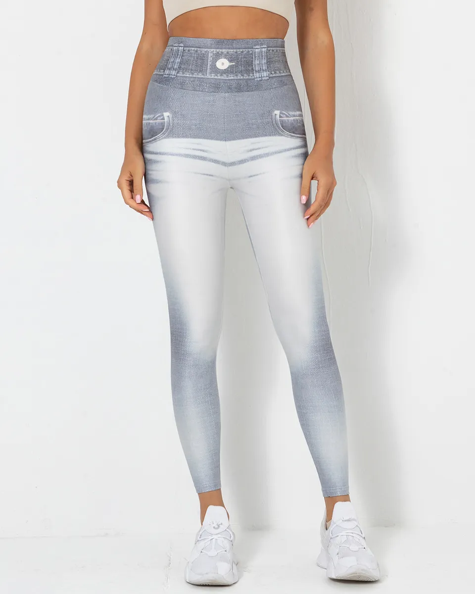 Imitation Denim Printing Leggings Slim High Waist Hip Lifting Running Fitness Trousers