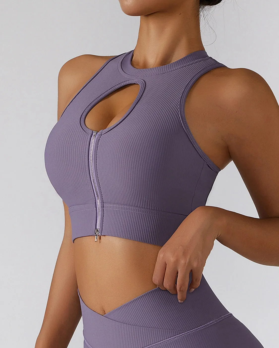 Ribbed Zip Up Cutout Yoga Bra