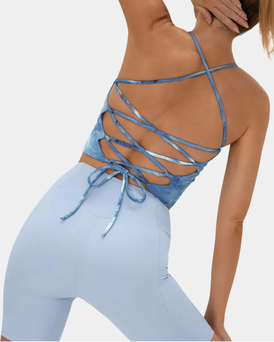 Spaghetti Strap Tie Dye Crisscross Lace Up Cropped Tank Top