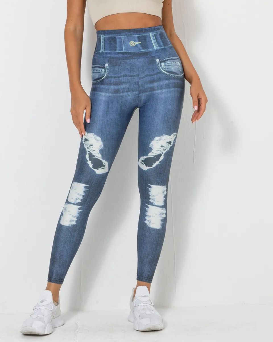 Imitation Denim Printing Leggings Slim High Waist Hip Lifting Running Fitness Trousers