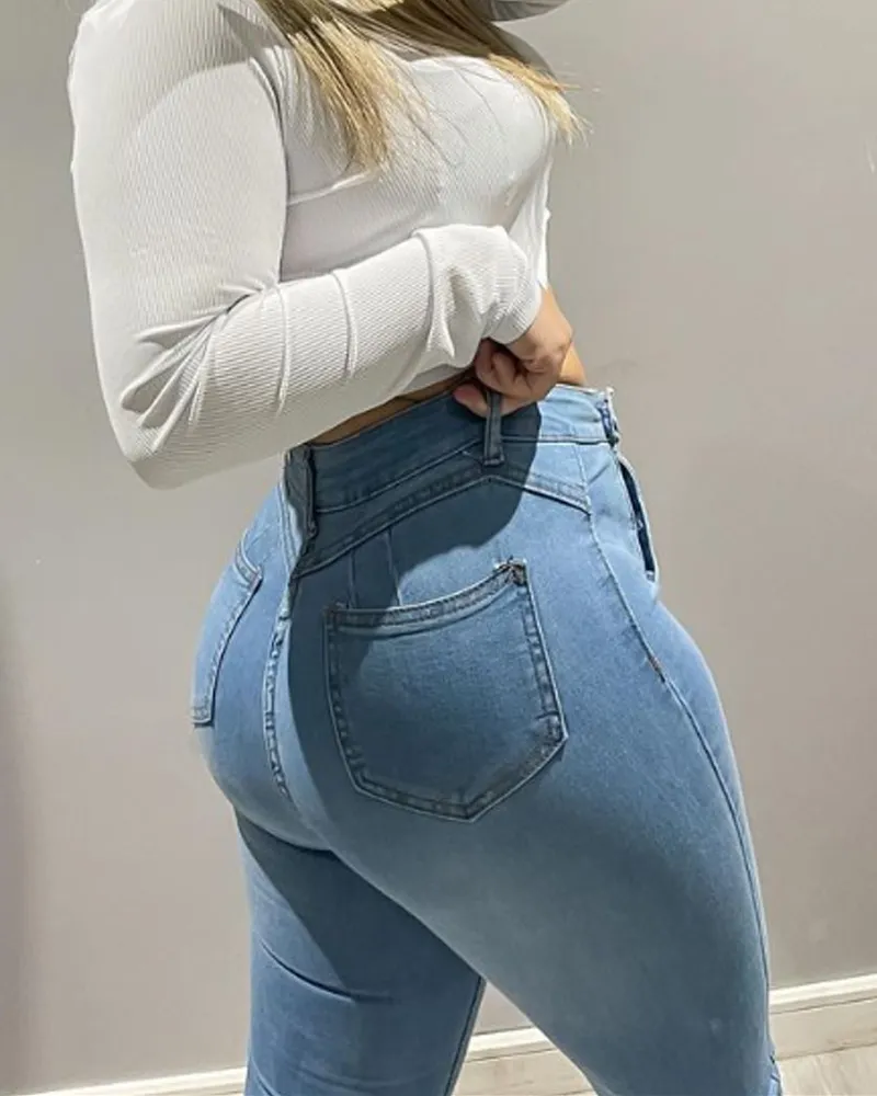 Double-Breasted Skinny Blue Jeans (Pre-Sale)