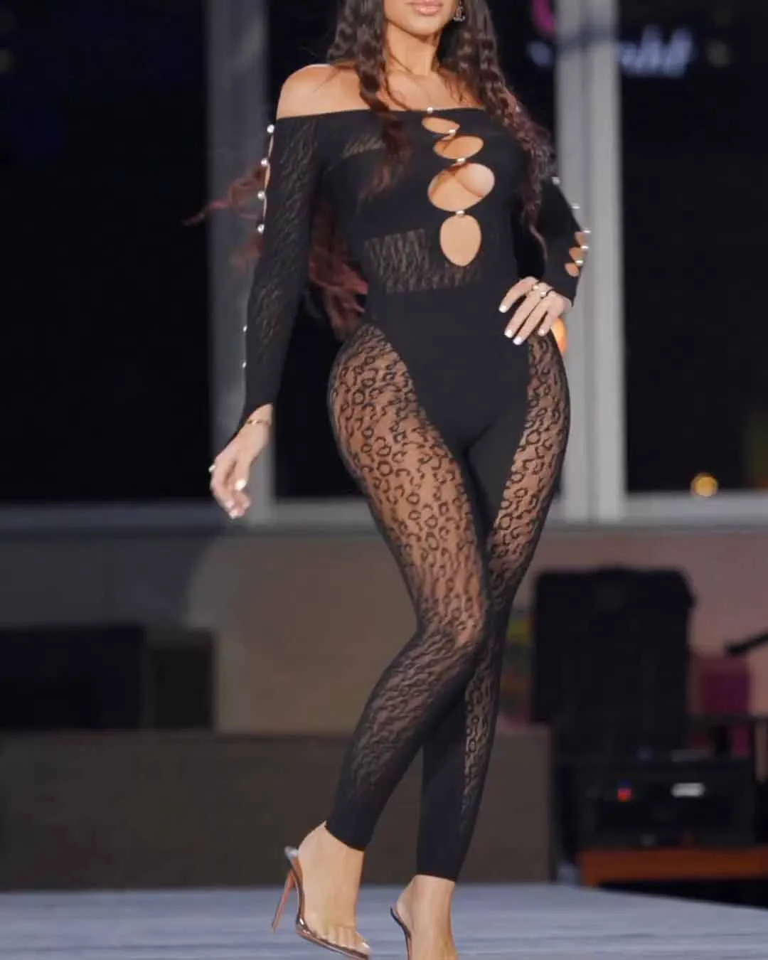 Pearl Off Shoulder Cut Out Long Sleeve Seamless Jumpsuit