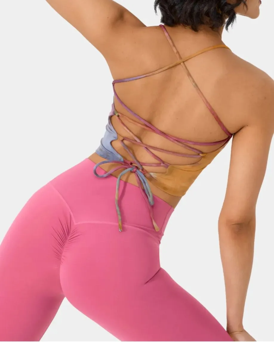 Spaghetti Strap Tie Dye Crisscross Lace Up Cropped Tank Top