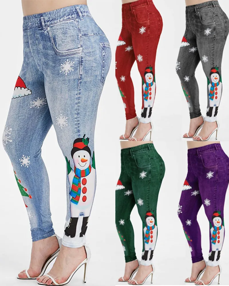 Christmas Print Denim Slim-Fit Hip Lift Yoga Pants