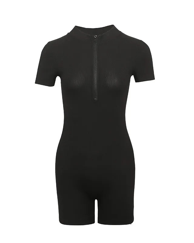 Zipper Half Open Collar Short Sleeve Spice Girl Jumpsuit Women's Fitness Shorts
