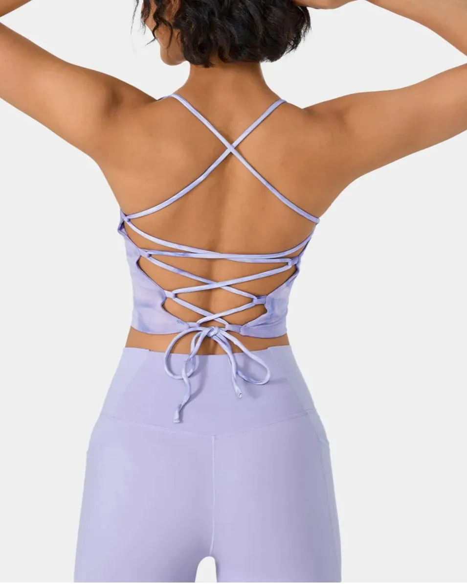 Spaghetti Strap Tie Dye Crisscross Lace Up Cropped Tank Top