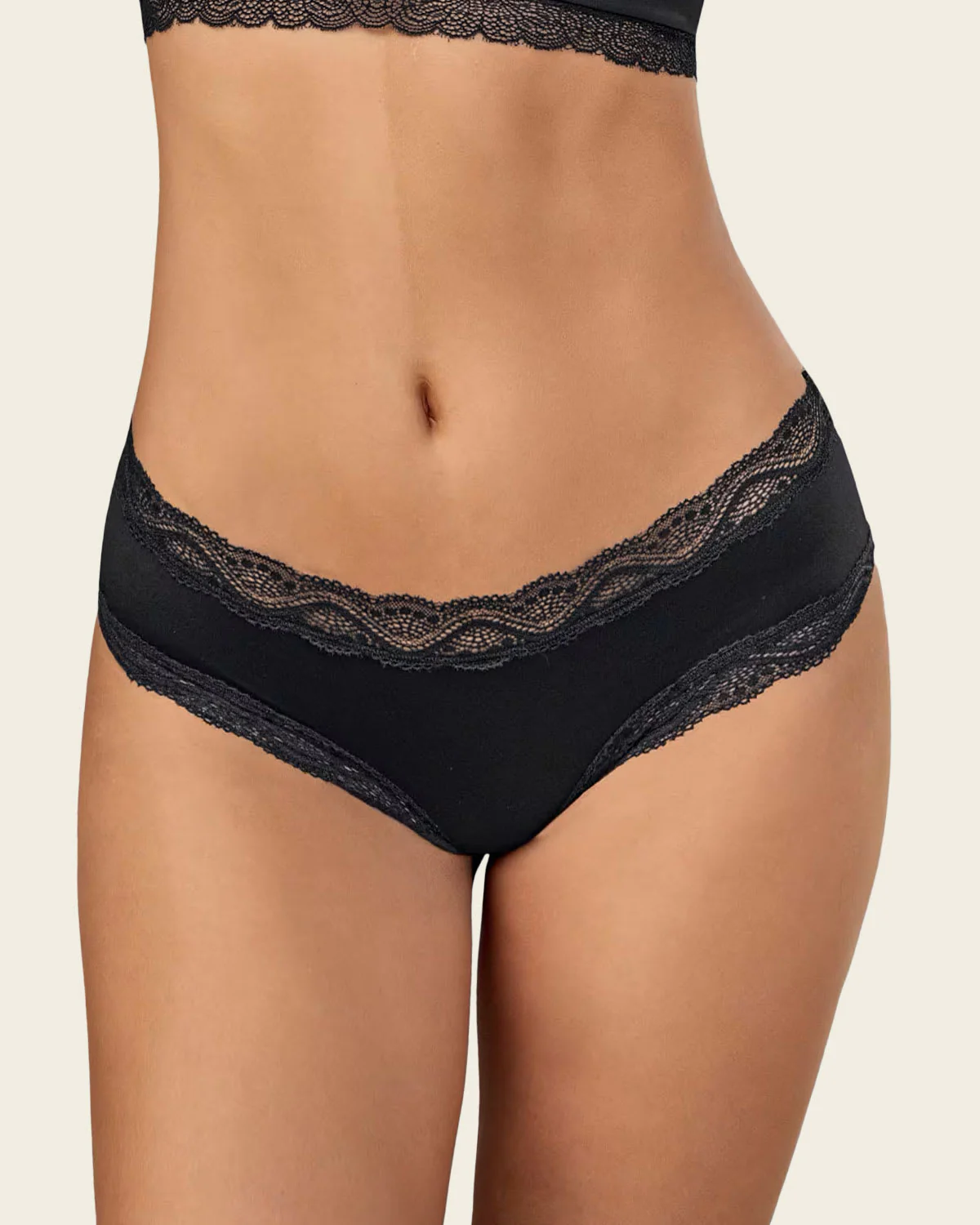 Panty hípster tiro medio en tela lisa y encaje