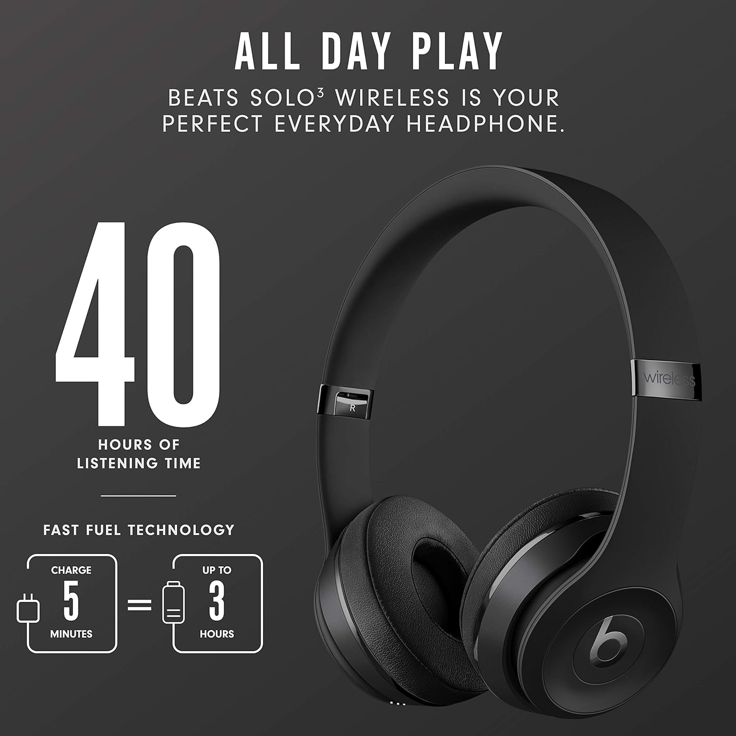 Audífonos on-Ear Beats Solo3 Wireless, Chip W1 para audífonos diseñado por Apple, Bluetooth Class 1, 40 Horas de Audio - Negro